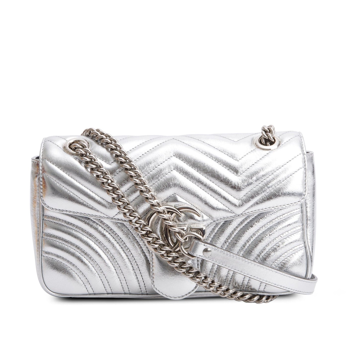 Gucci Silver Matelasse Medium GG Marmont Shoulder Bag