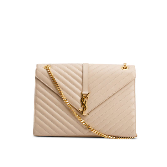 Saint Laurent Beige Quilted Grain De Poudre Leather Large Envelope Chain Bag
