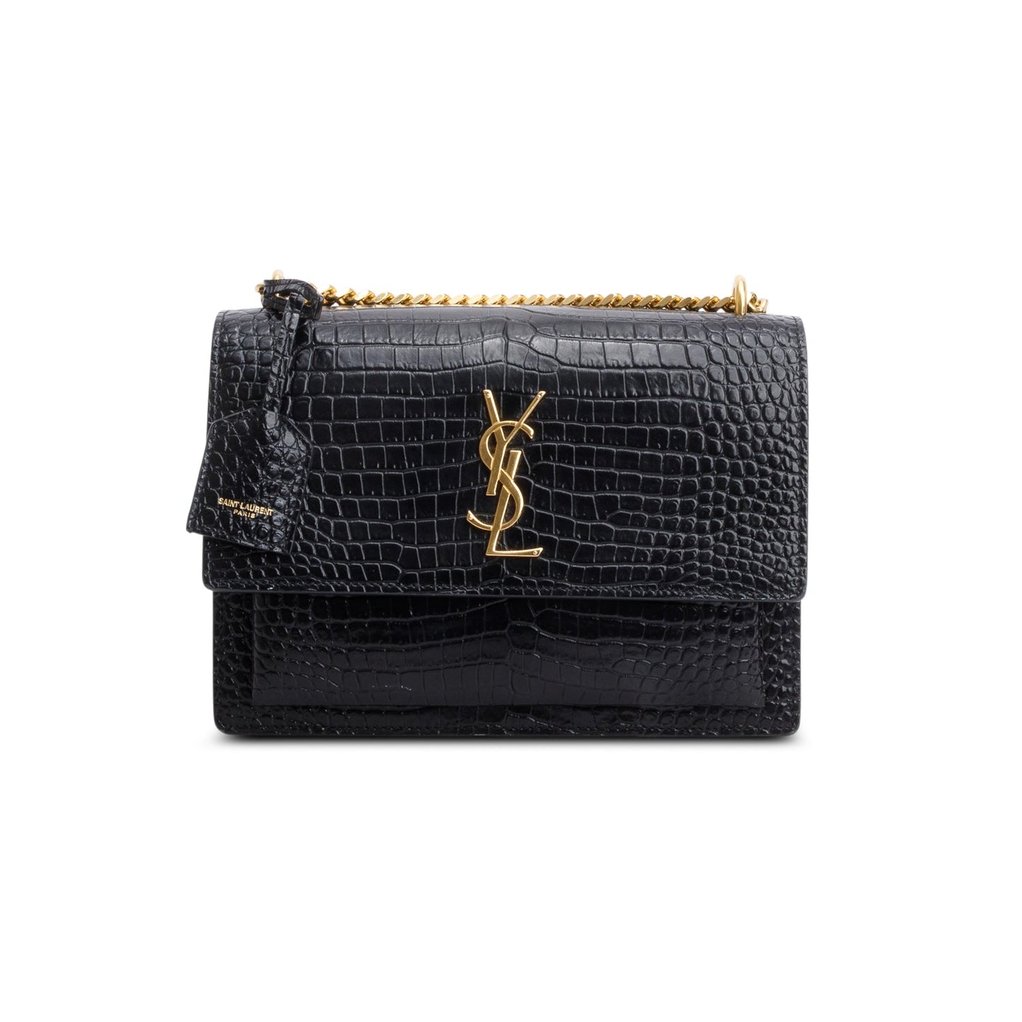 Saint Laurent 2020 Black Croc Embossed Calfskin Medium Sunset Bag