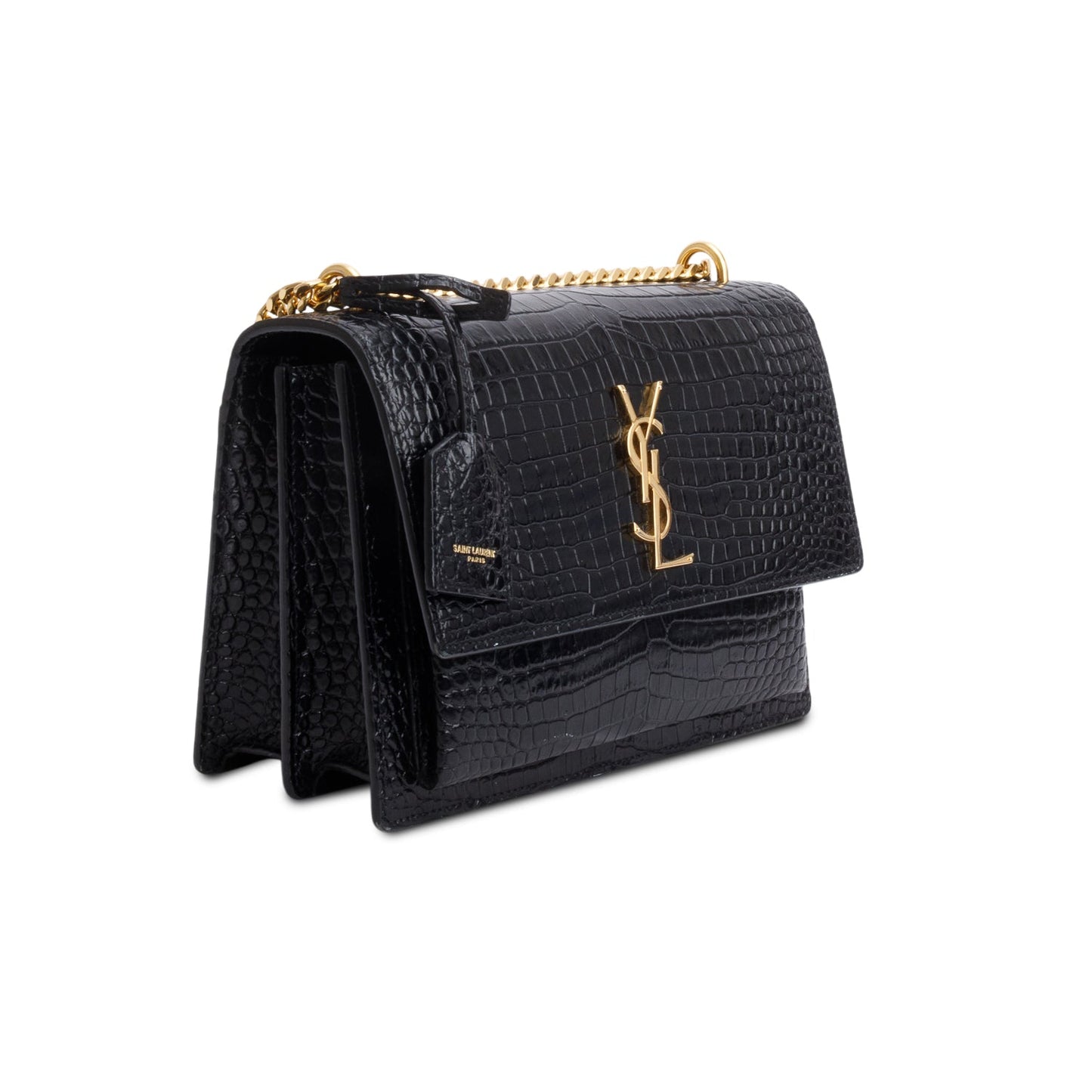 Saint Laurent 2020 Black Croc Embossed Calfskin Medium Sunset Bag
