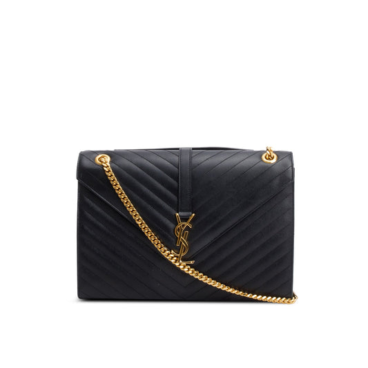 Saint Laurent Black Chevron Grain De Poudre Leather Large Envelope Chain Bag