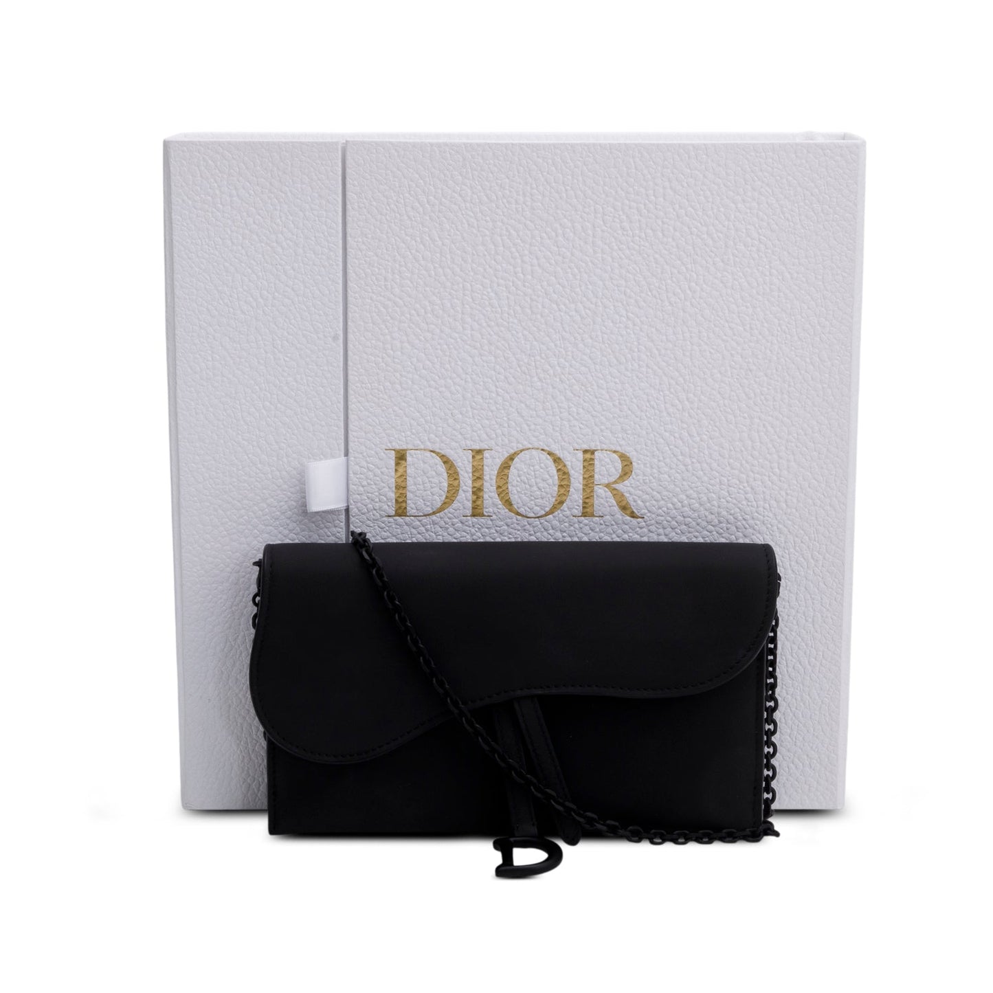 Christian Dior 2022 Black Ultra Matte Calfskin Saddle Chain Wallet Pouch
