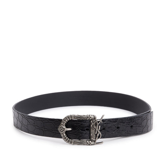 Saint Laurent 2020 Black Croc Embossed Patent Leather Celtic Belt 85,