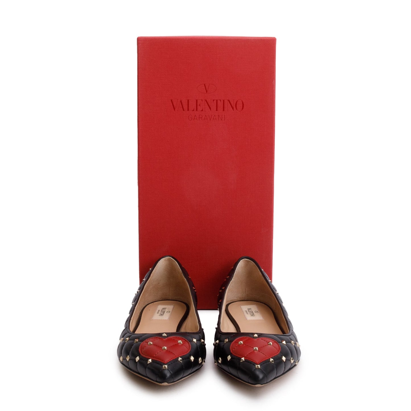 Valentino Black Quilted Leather Spikeit Valentine Flats, Size 37.5