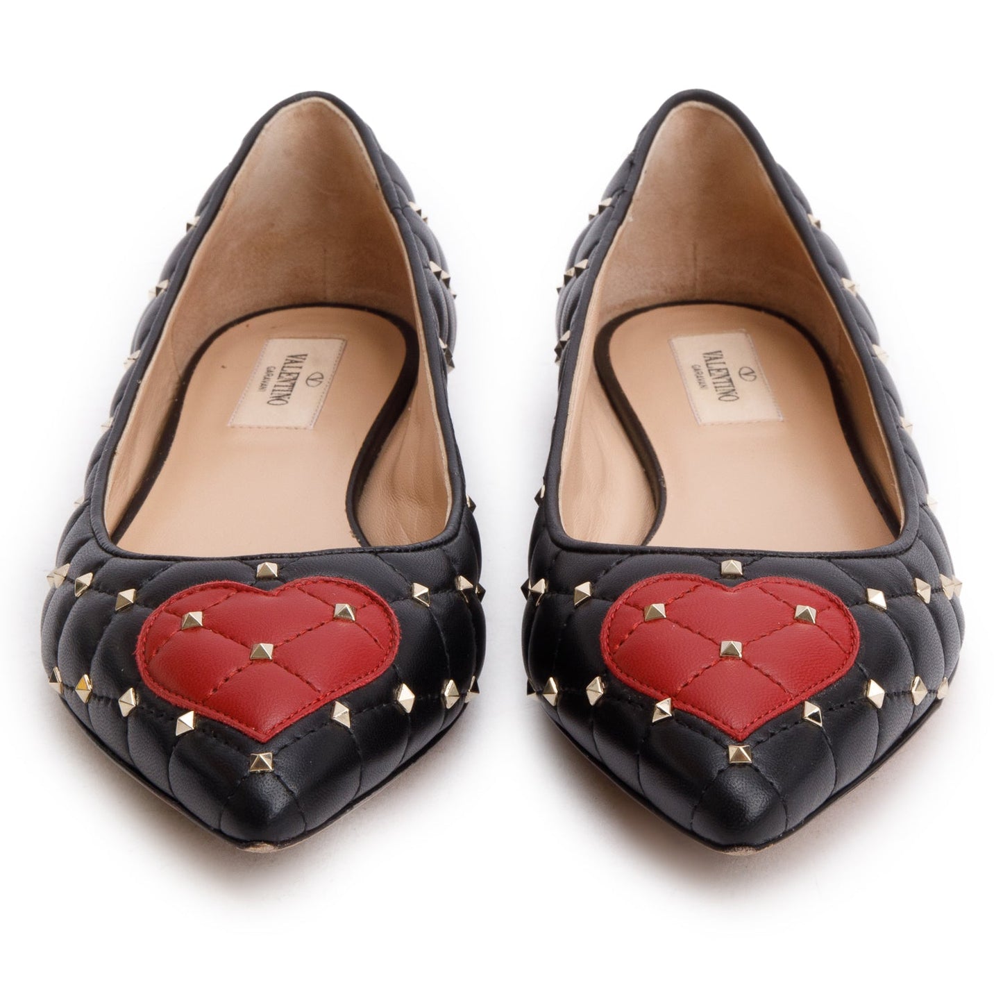 Valentino Black Quilted Leather Spikeit Valentine Flats, Size 37.5