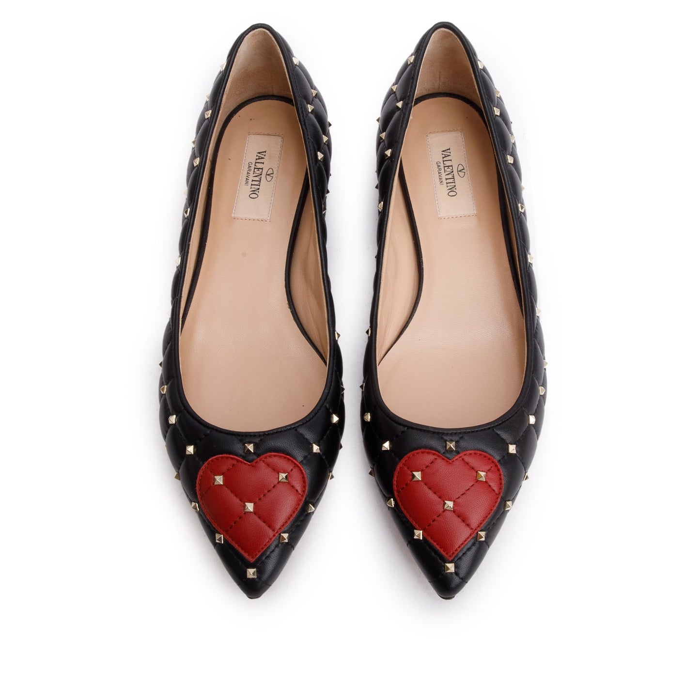 Valentino Black Quilted Leather Spikeit Valentine Flats, Size 37.5