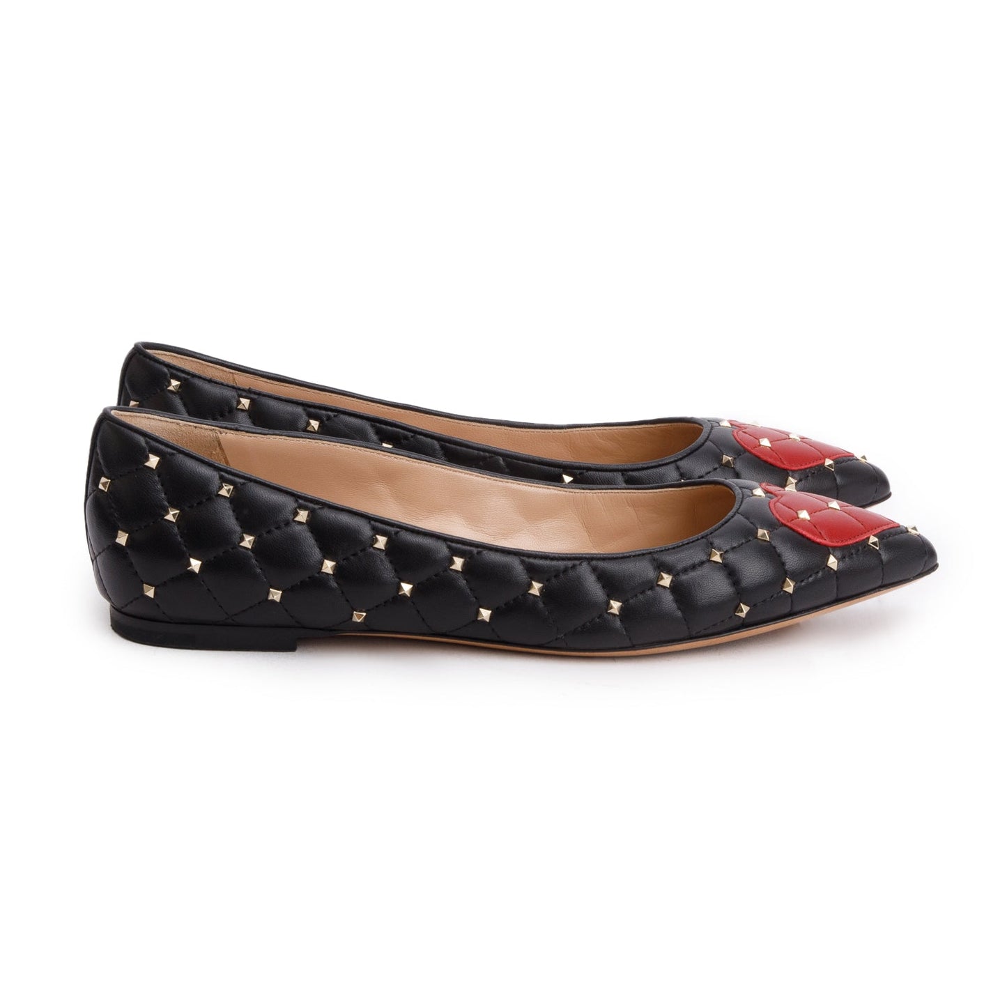 Valentino Black Quilted Leather Spikeit Valentine Flats, Size 37.5
