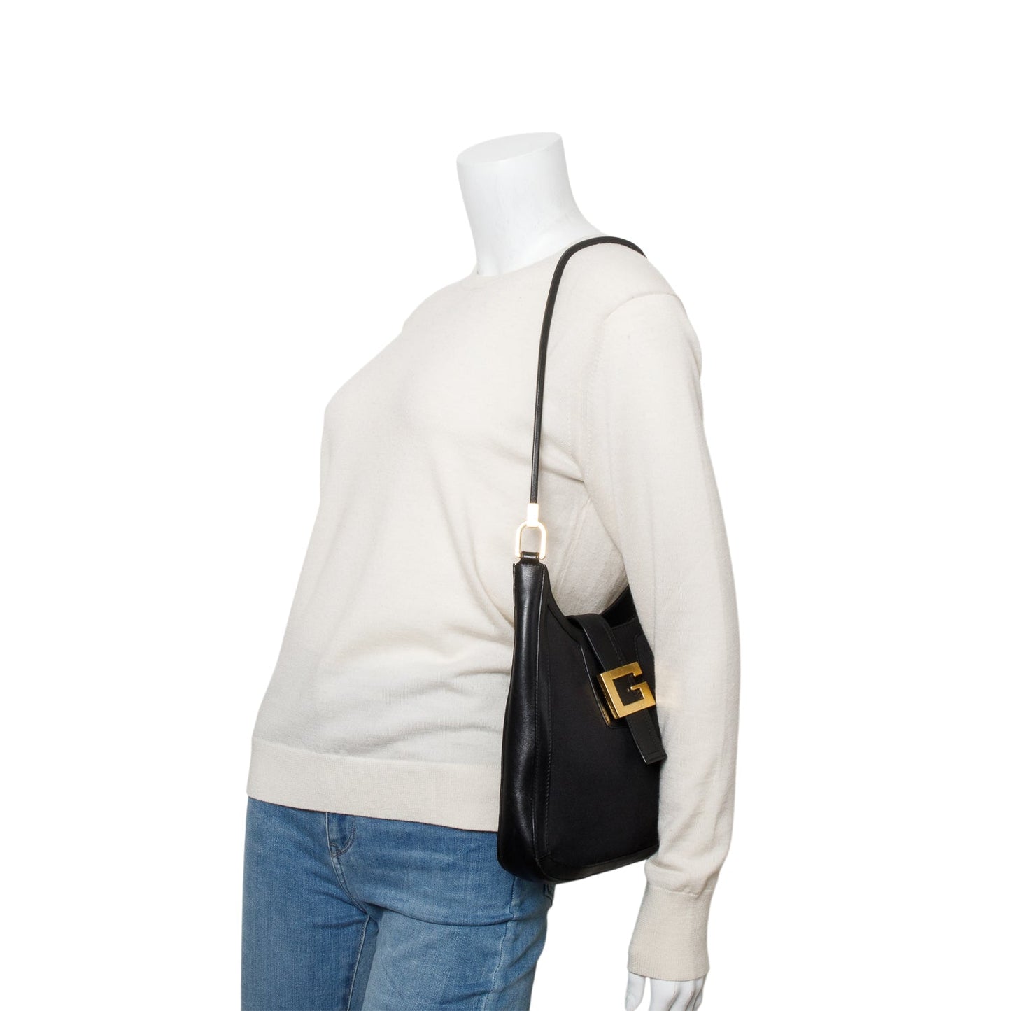 Gucci Vintage Black Canvas Leather G Buckle Shoulder Bag