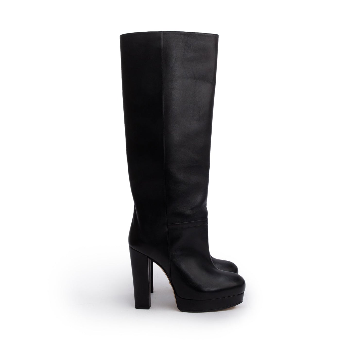 Gucci Black Leather Charlotte Knee-High Heeled Boots, Size 37.5