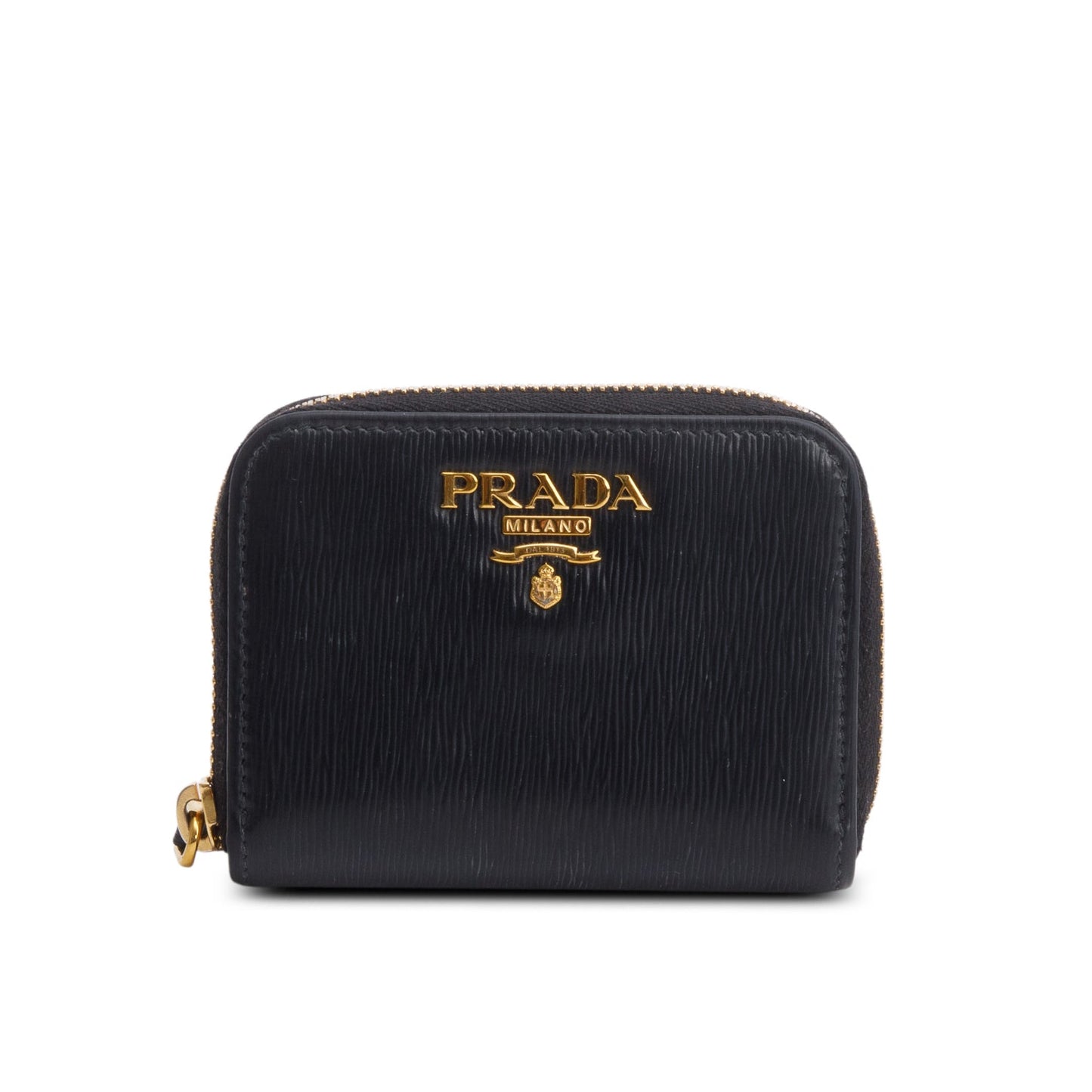 Prada Black Saffiano Leather Zip Around Compact Wallet