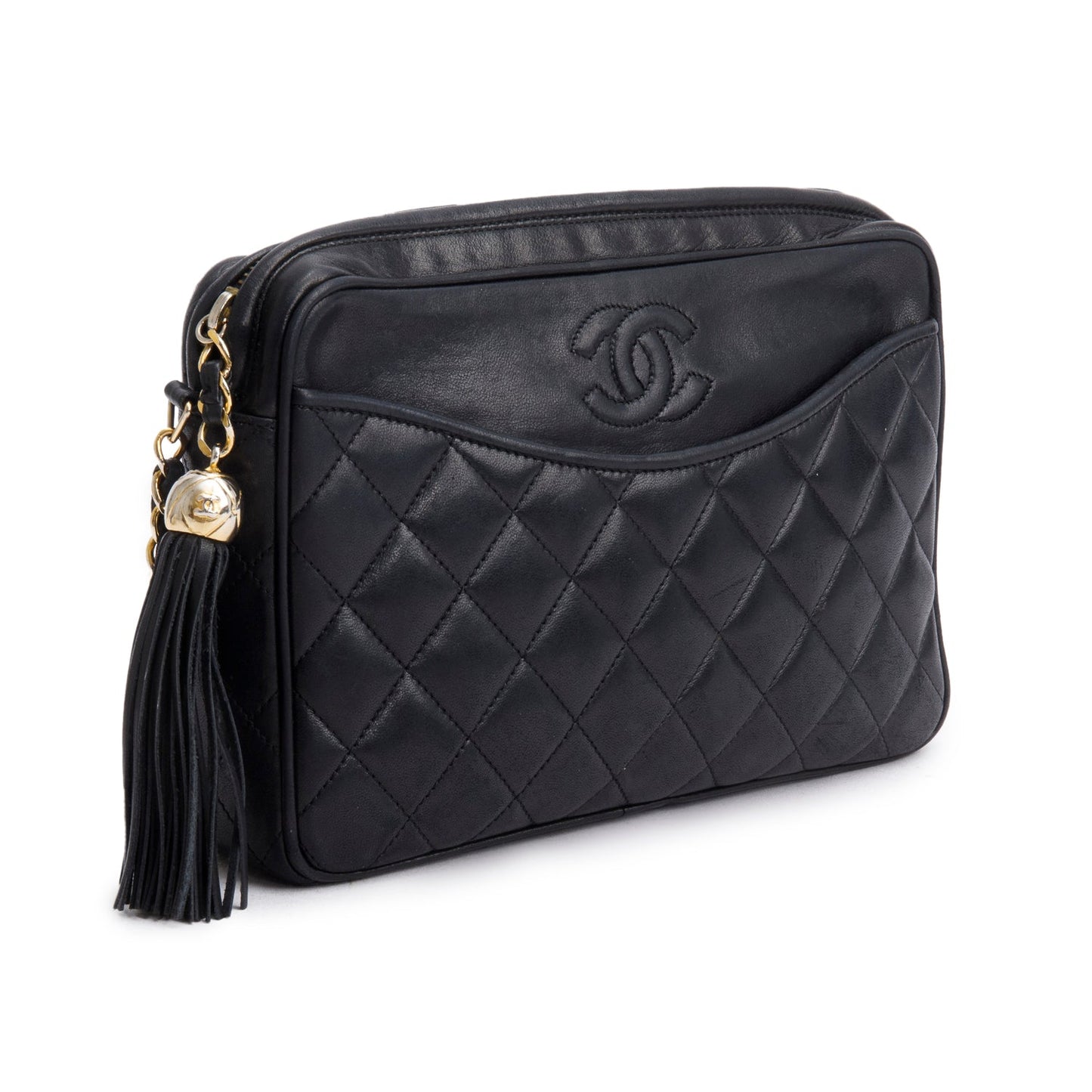 Chanel Vintage Black Quilted Lambskin Leather CC Tassel Camera Bag