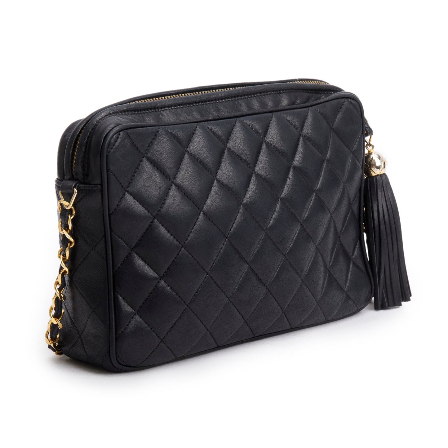 Chanel Vintage Black Quilted Lambskin Leather CC Tassel Camera Bag