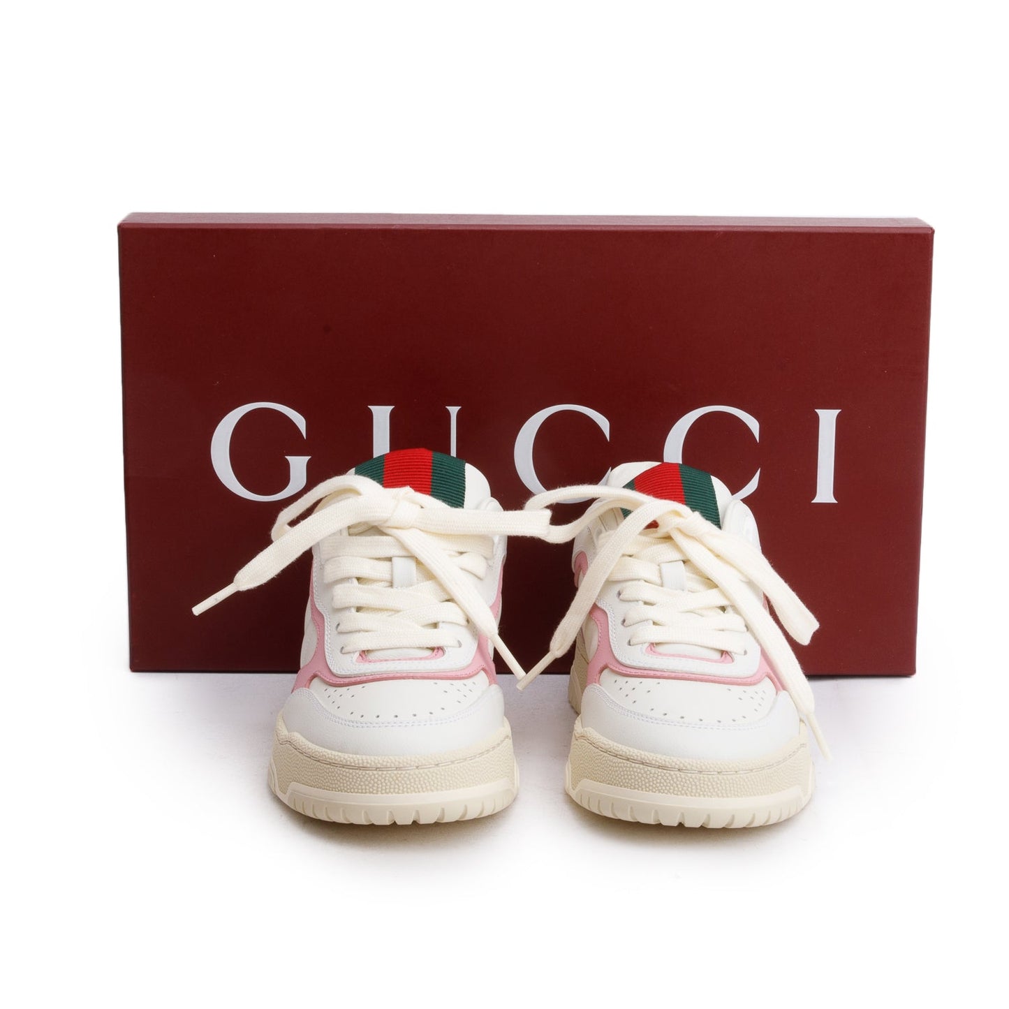 Gucci White Pink Leather Re-Web Sneakers, Size 35