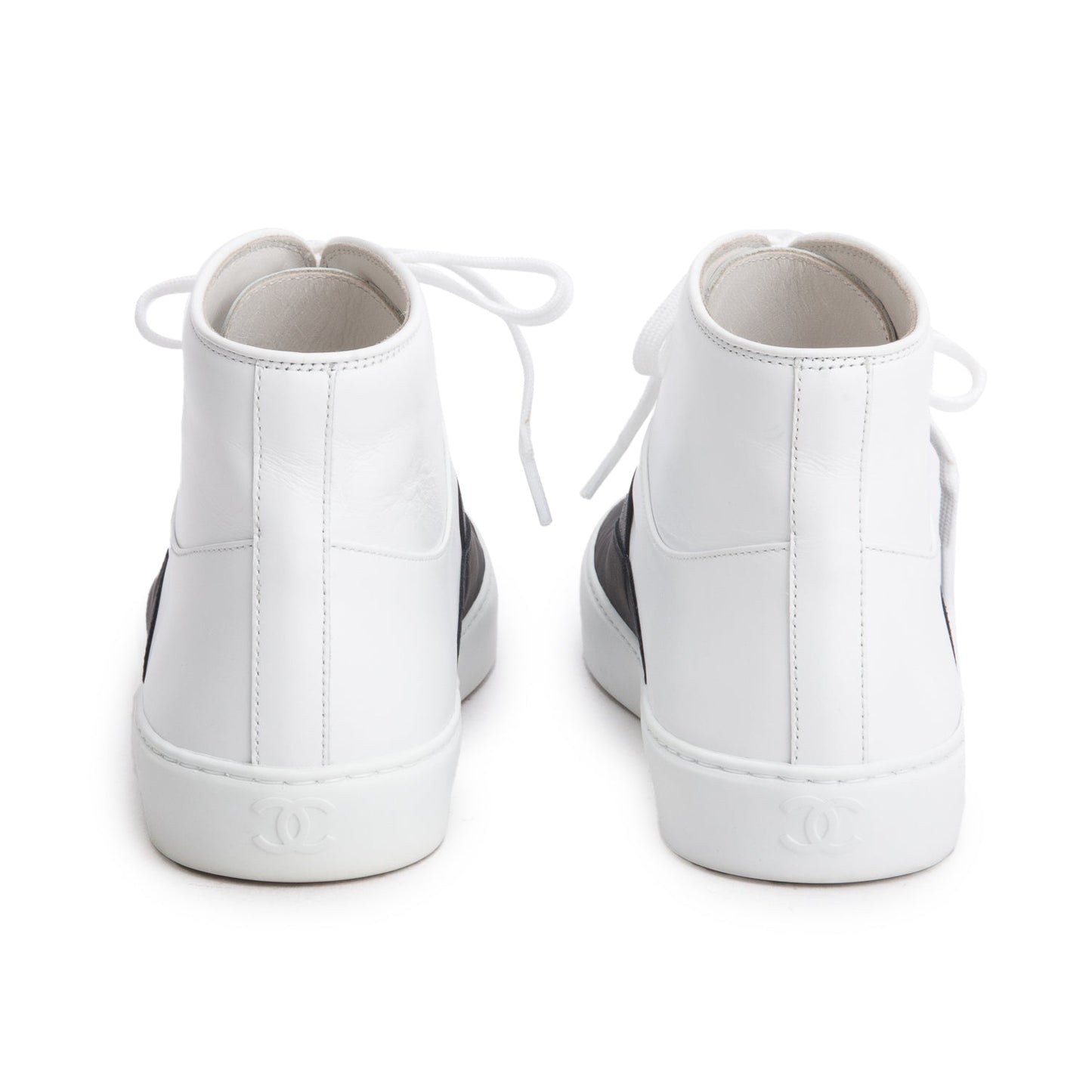 Chanel Black/White Lambskin Leather Interlocking CC Logo High Top Sneakers, Size 37
