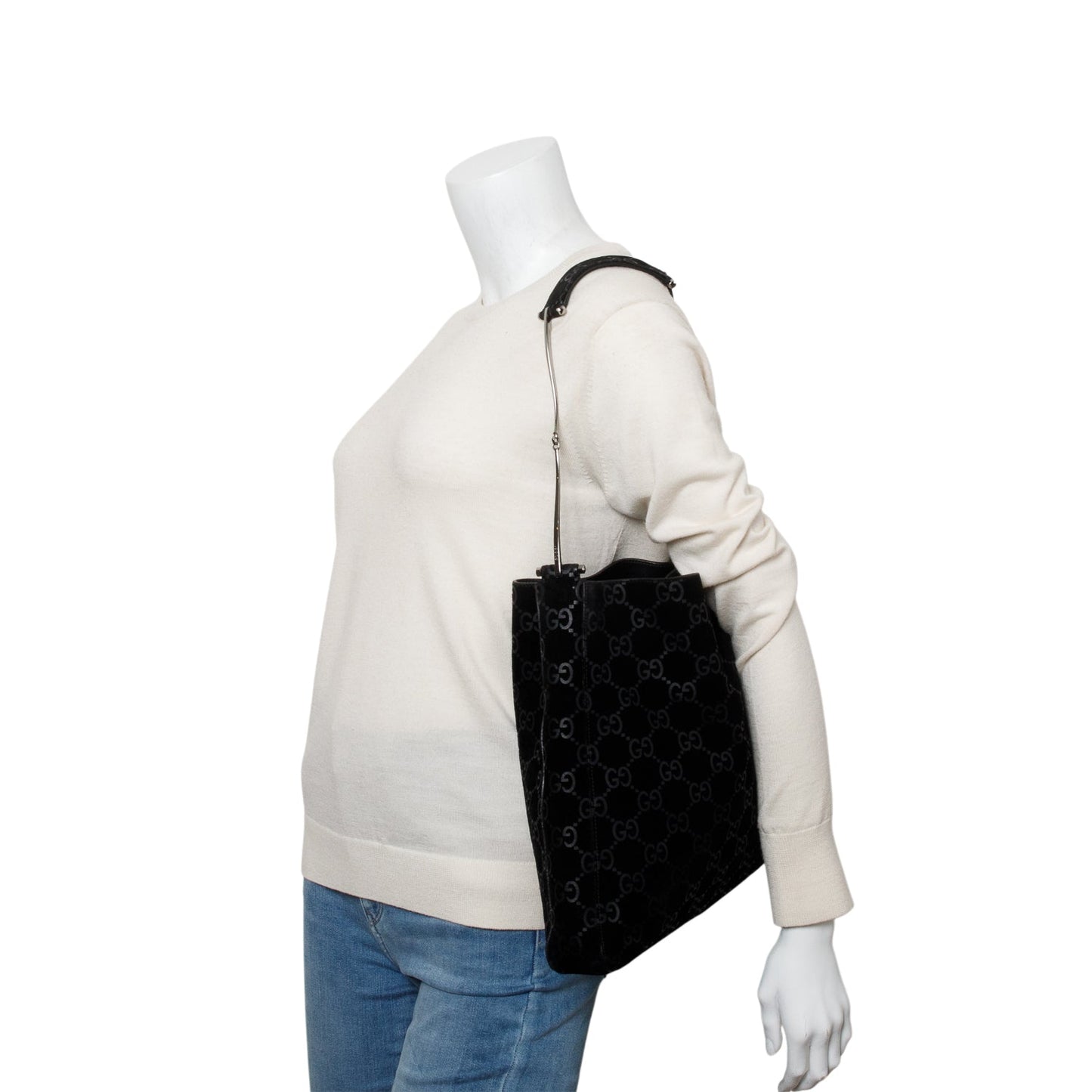 Gucci Black Suede GG Monogram Horsebit Shoulder Bag