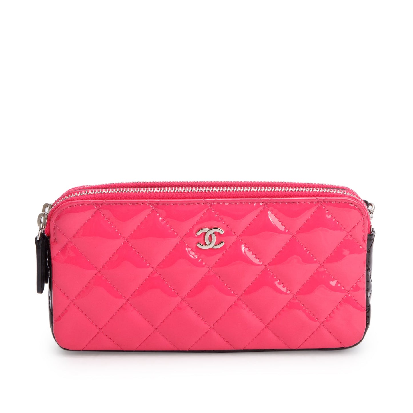 Chanel Pink/Black Patent Leather Quilted Diamond Small CC Double Zip Clutch