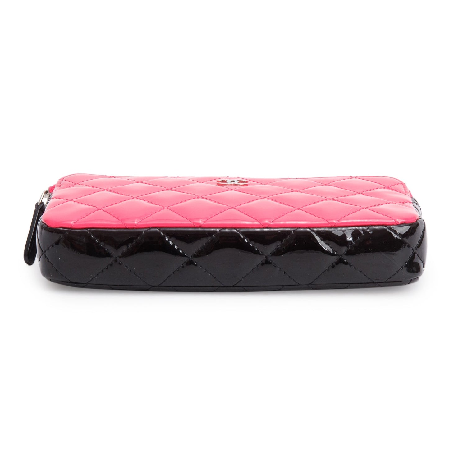 Chanel Pink/Black Patent Leather Quilted Diamond Small CC Double Zip Clutch