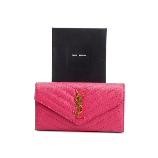 Saint Laurent 2021 Pink Grain de Poudre Cassandre Matelasse Large Flap Wallet