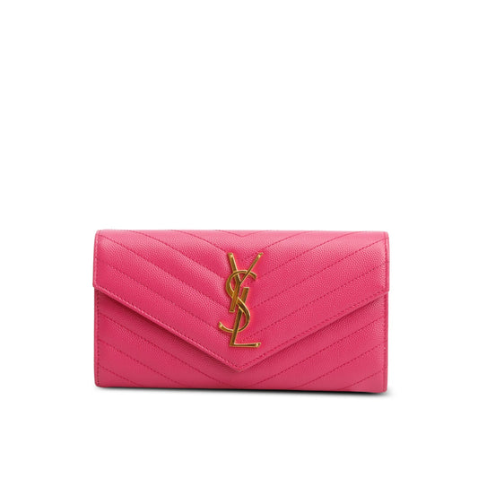 Saint Laurent 2021 Pink Grain de Poudre Cassandre Matelasse Large Flap Wallet