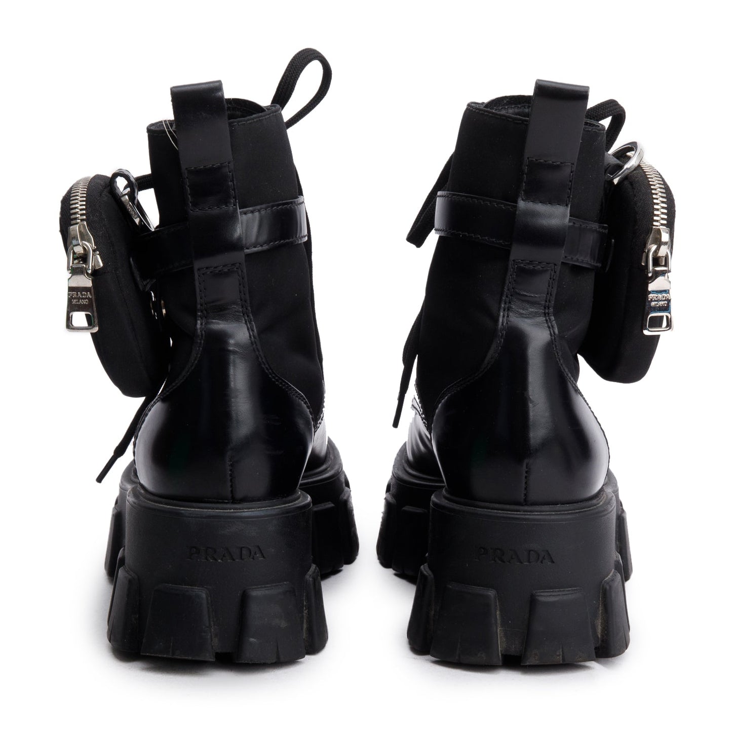 Prada Black Monolith Leather and Re-Nylon Boots with Pouch, Size 36.5