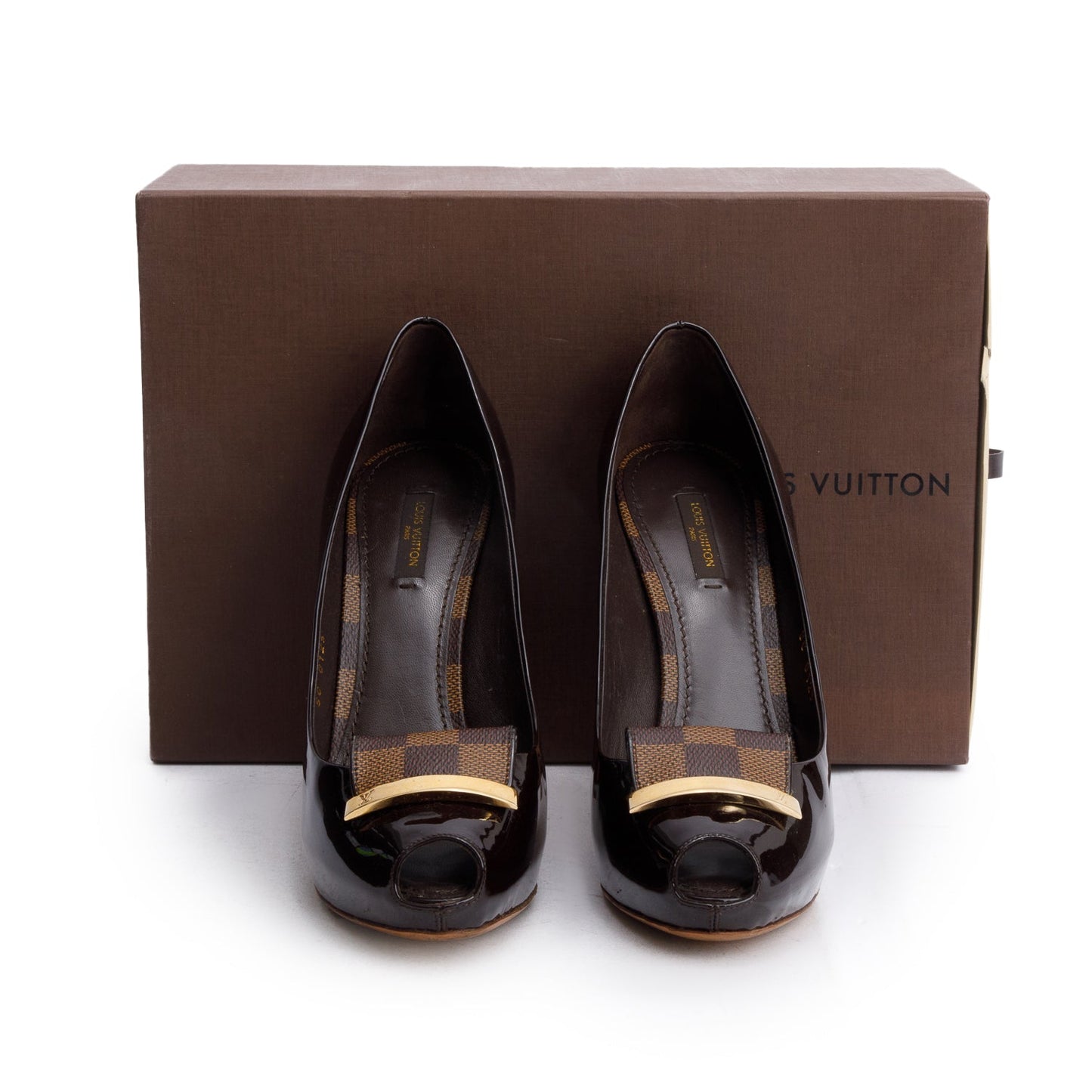 Louis Vuitton Brown Patent Leather Damier Ebene Pumps, Size 38.5