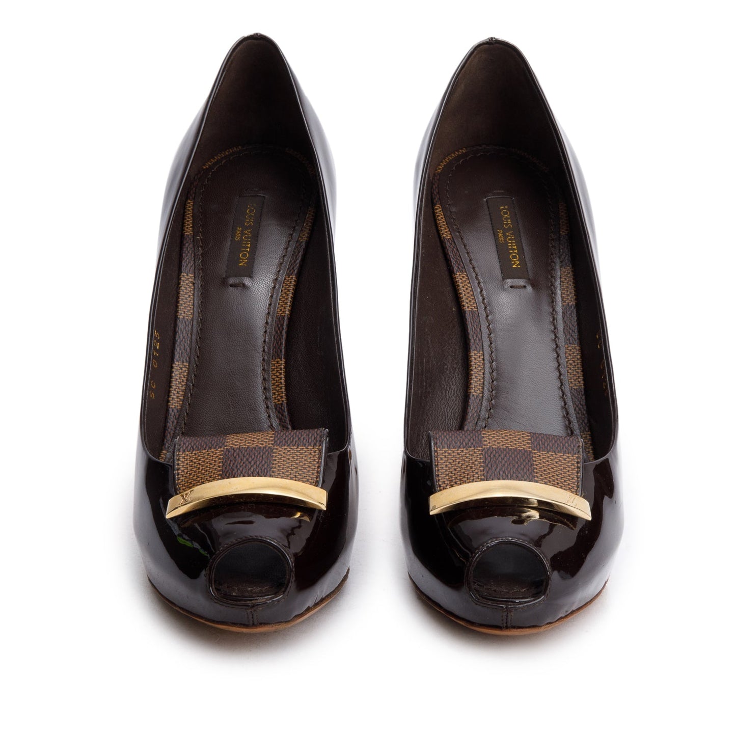 Louis Vuitton Brown Patent Leather Damier Ebene Pumps, Size 38.5