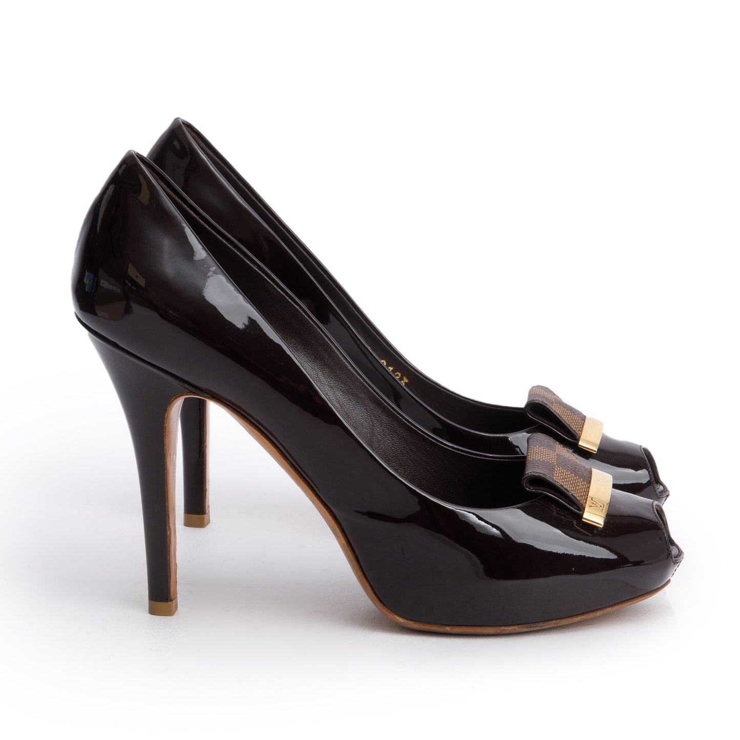 Louis Vuitton Brown Patent Leather Damier Ebene Pumps, Size 38.5