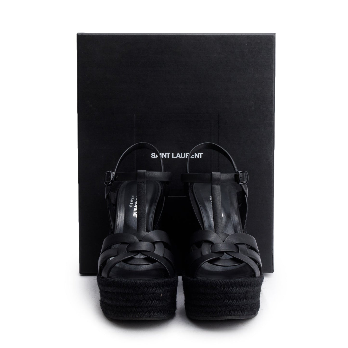 Saint Laurent Black Leather Tribute Espadrilles Wedge Sandals, Size 38