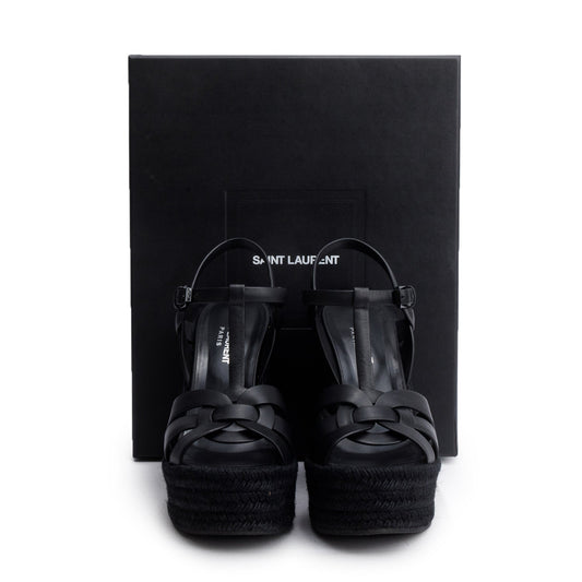 Saint Laurent Black Leather Tribute Espadrilles Wedge Sandals, Size 38