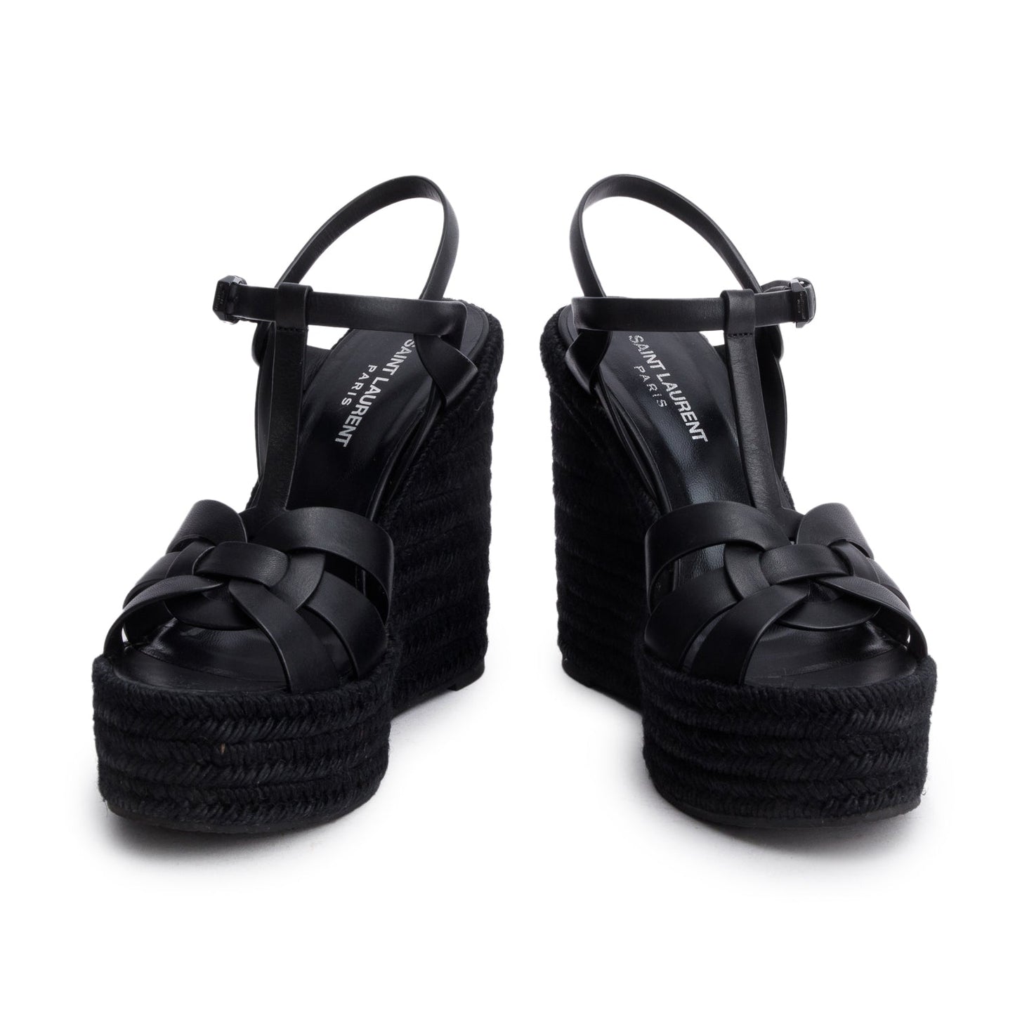 Saint Laurent Black Leather Tribute Espadrilles Wedge Sandals, Size 38