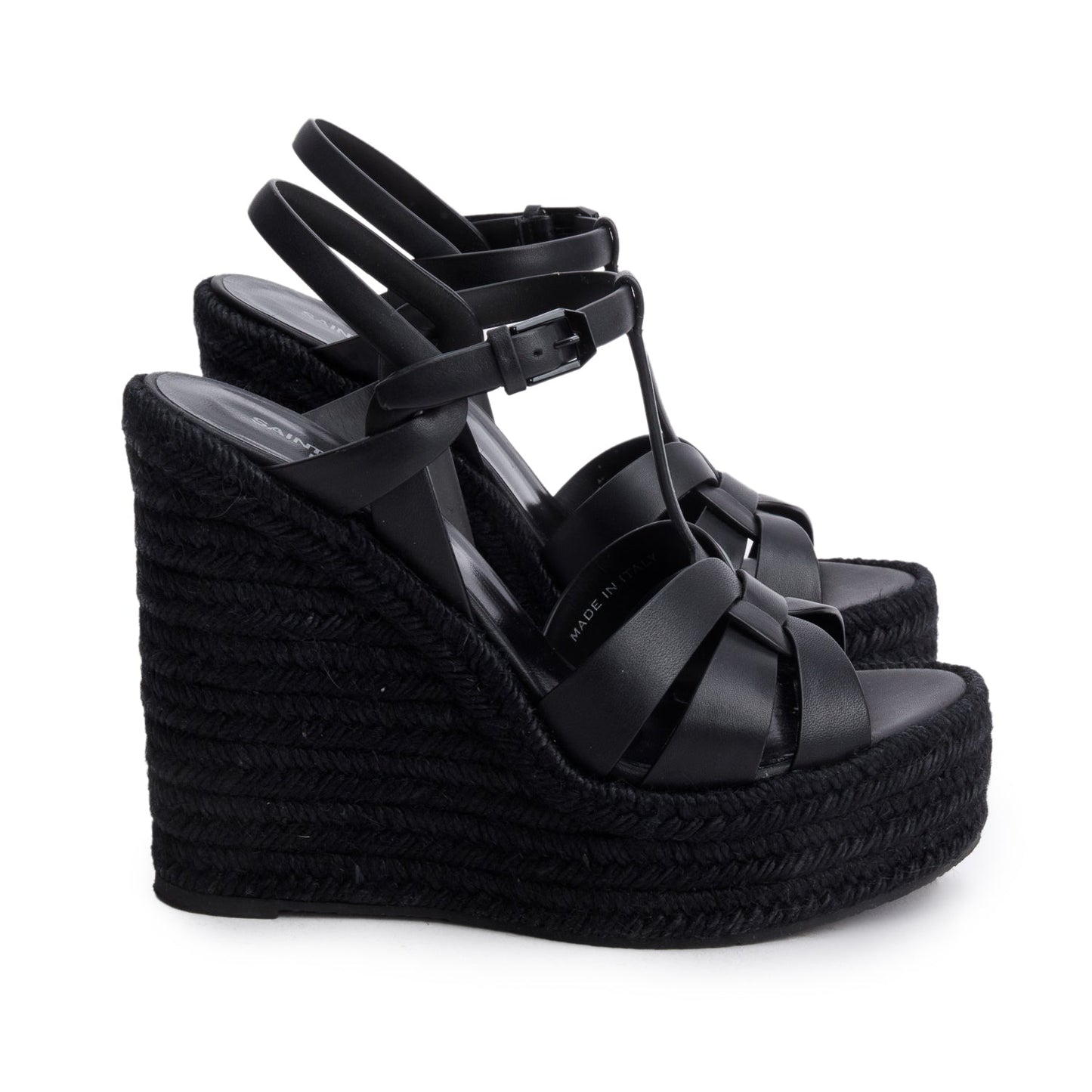 Saint Laurent Black Leather Tribute Espadrilles Wedge Sandals, Size 38
