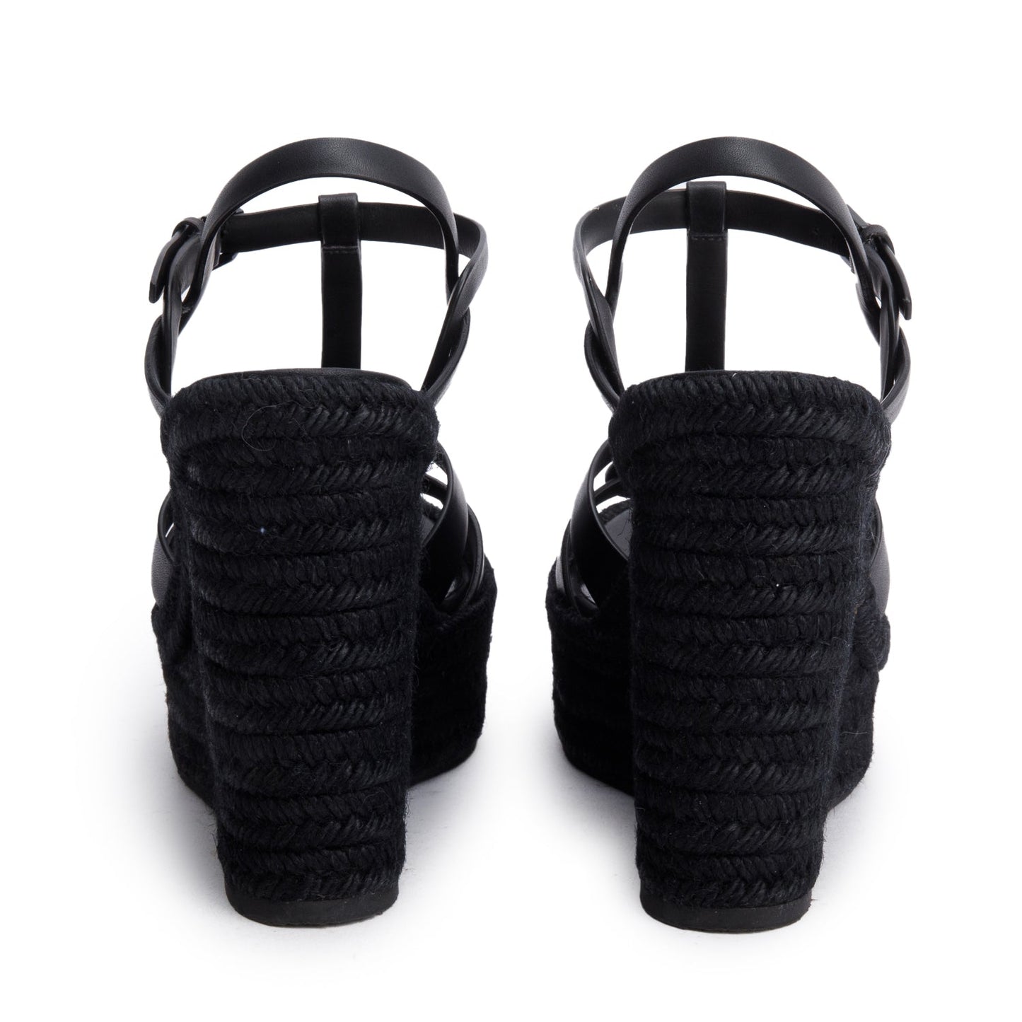 Saint Laurent Black Leather Tribute Espadrilles Wedge Sandals, Size 38