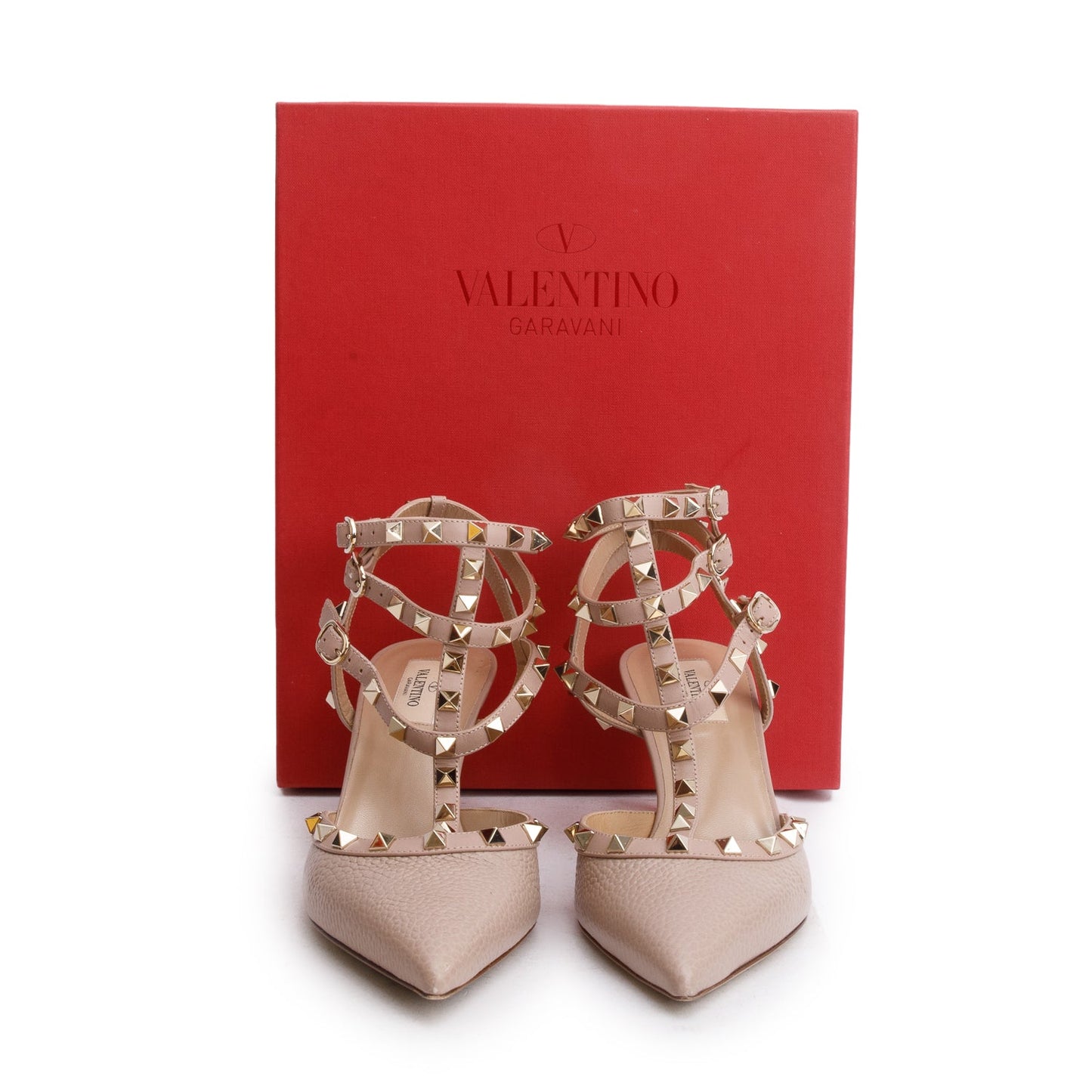 Valentino Bige Leather Rockstud Ankle Strap Pumps, Size 41