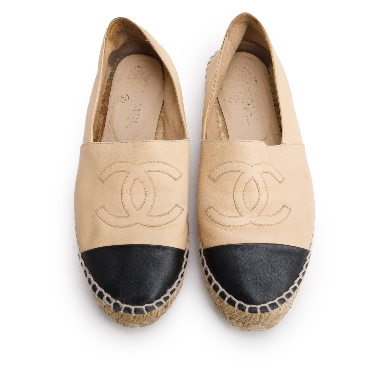 Chanel Neutral & Black Leather CC Logo Espadrilles, Size 37