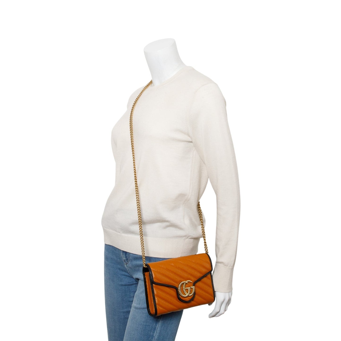 Gucci Brown Leather GG Marmont Torchon Chain Wallet