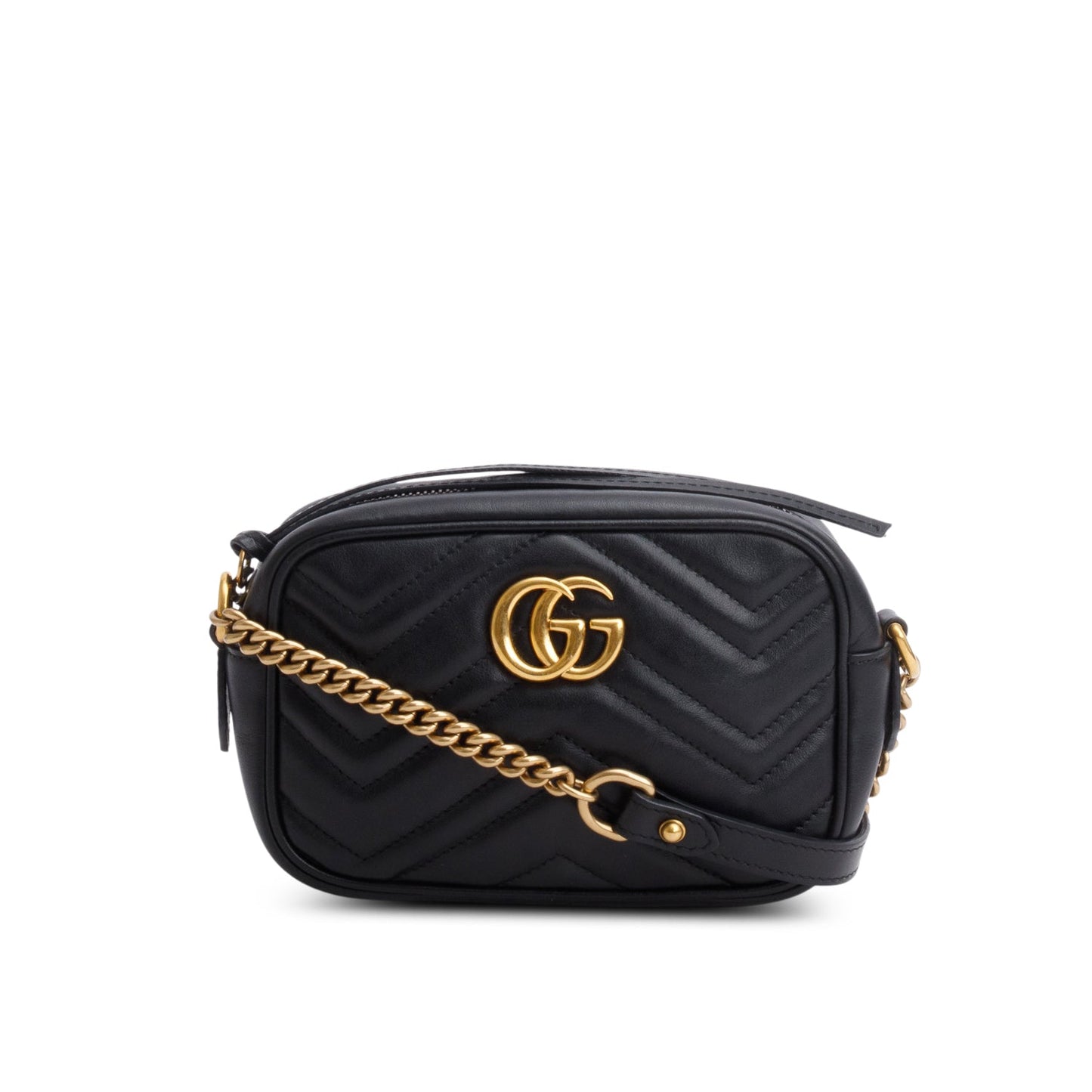 Gucci Black Calfskin Matelasse Mini GG Marmont Chain Shoulder Bag