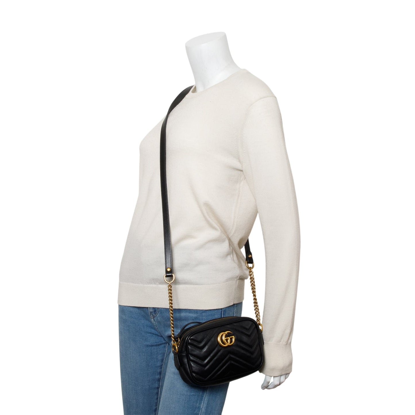 Gucci Black Calfskin Matelasse Mini GG Marmont Chain Shoulder Bag