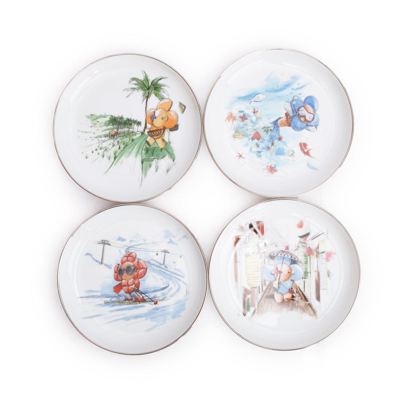 Louis Vuitton White & Multicolor Porcelaine Vivienne 4 Seasons Set of 4 Plates