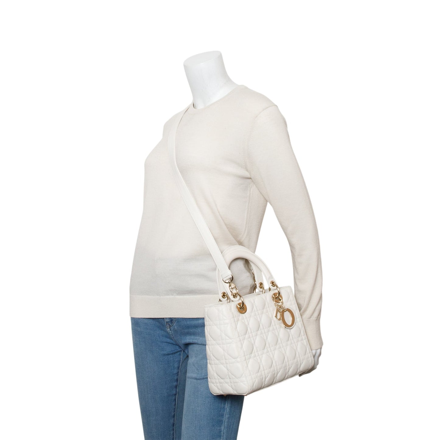 Christian Dior White Cannage Lambskin Leather Medium Lady Dior Bag