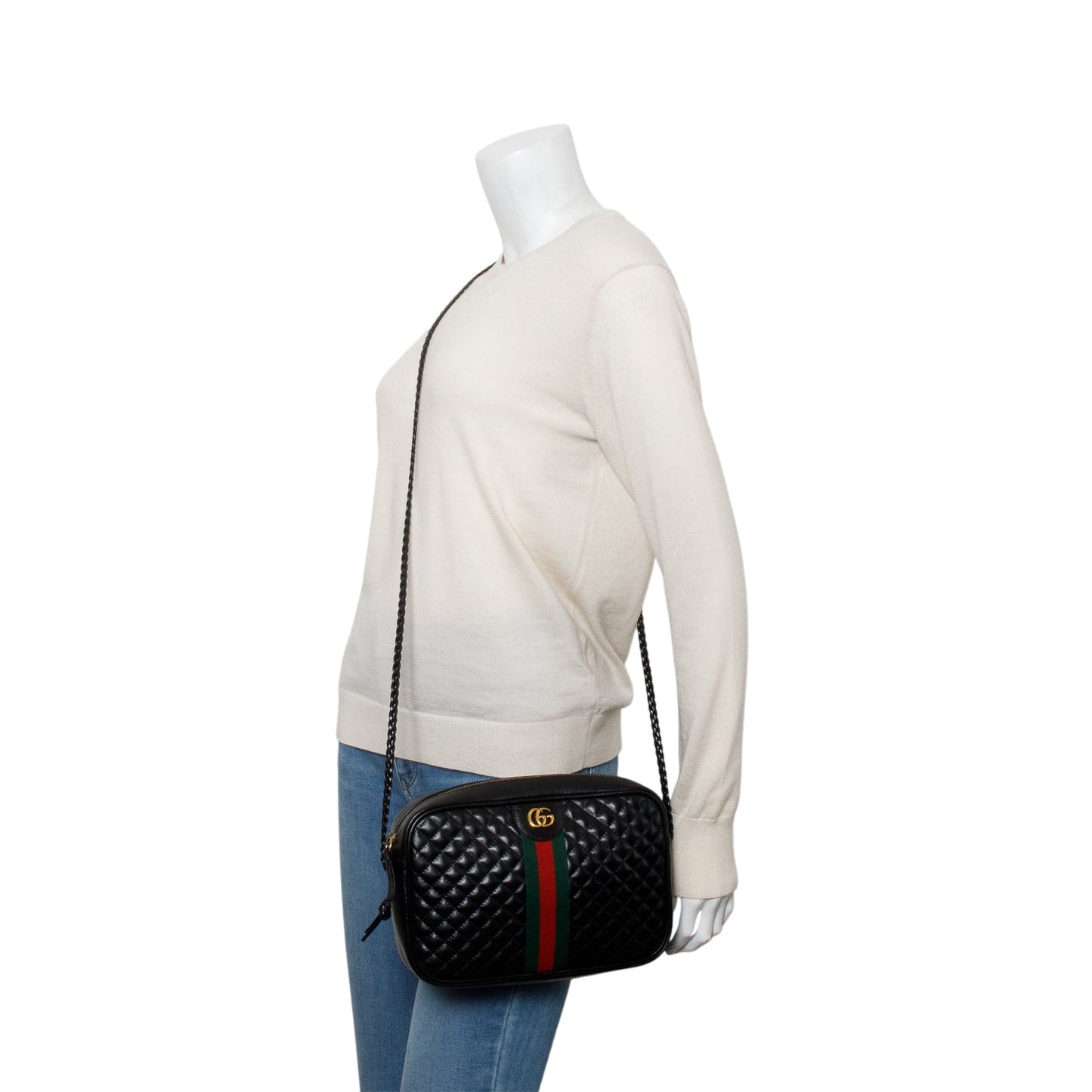 Gucci Black Calfskin Web Trapuntata Small GG Shoulder Bag