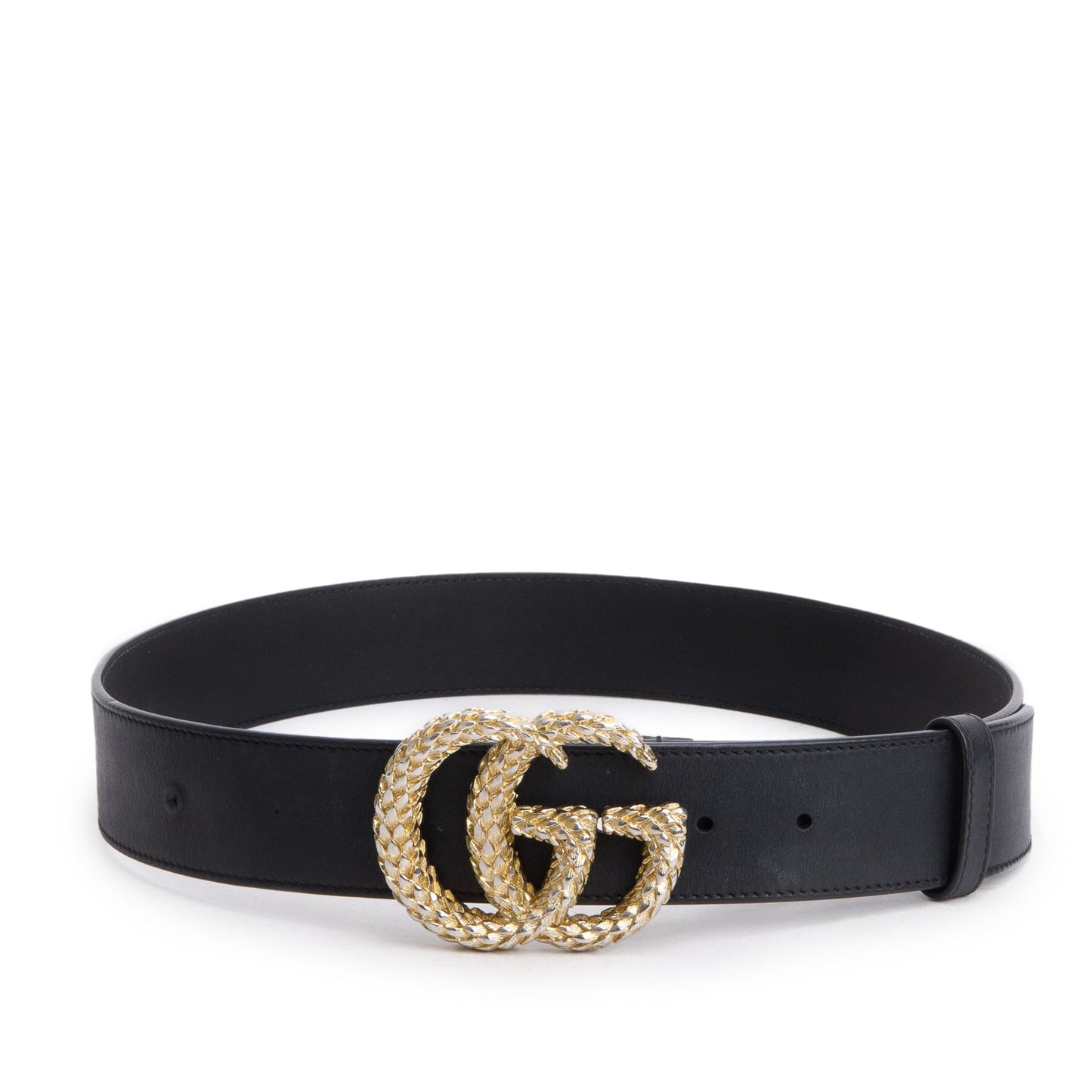 Gucci Black Calfskin Leather Textured Double G Wide Belt 85 34