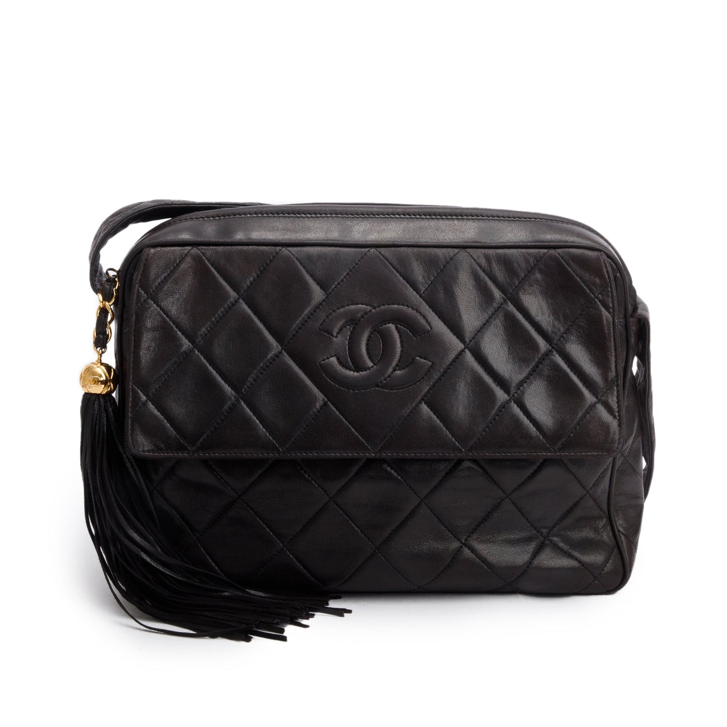Chanel Vintage Black Lambskin Quilted CC Tassel Camera Bag