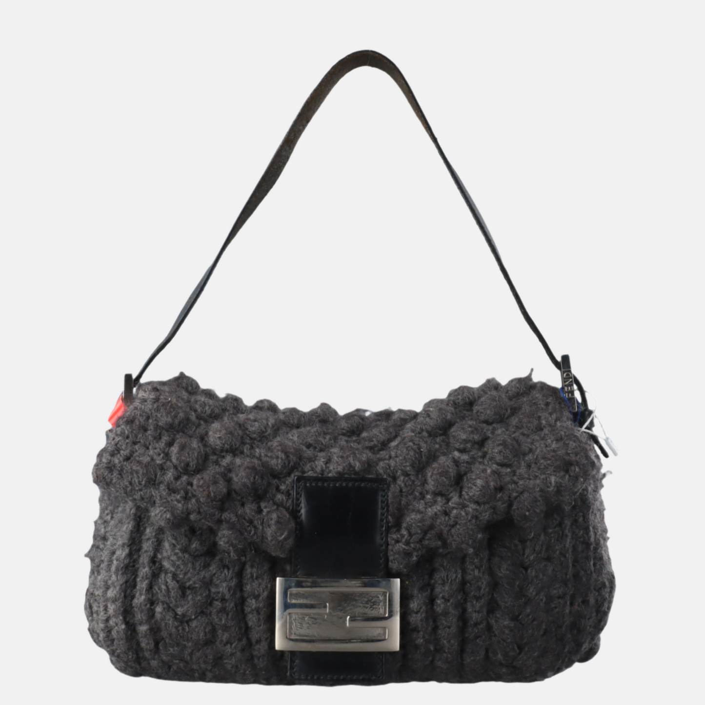 Fendi Baguette Bag Grey Crochet Knit Wool Pompom Shoulder Bag