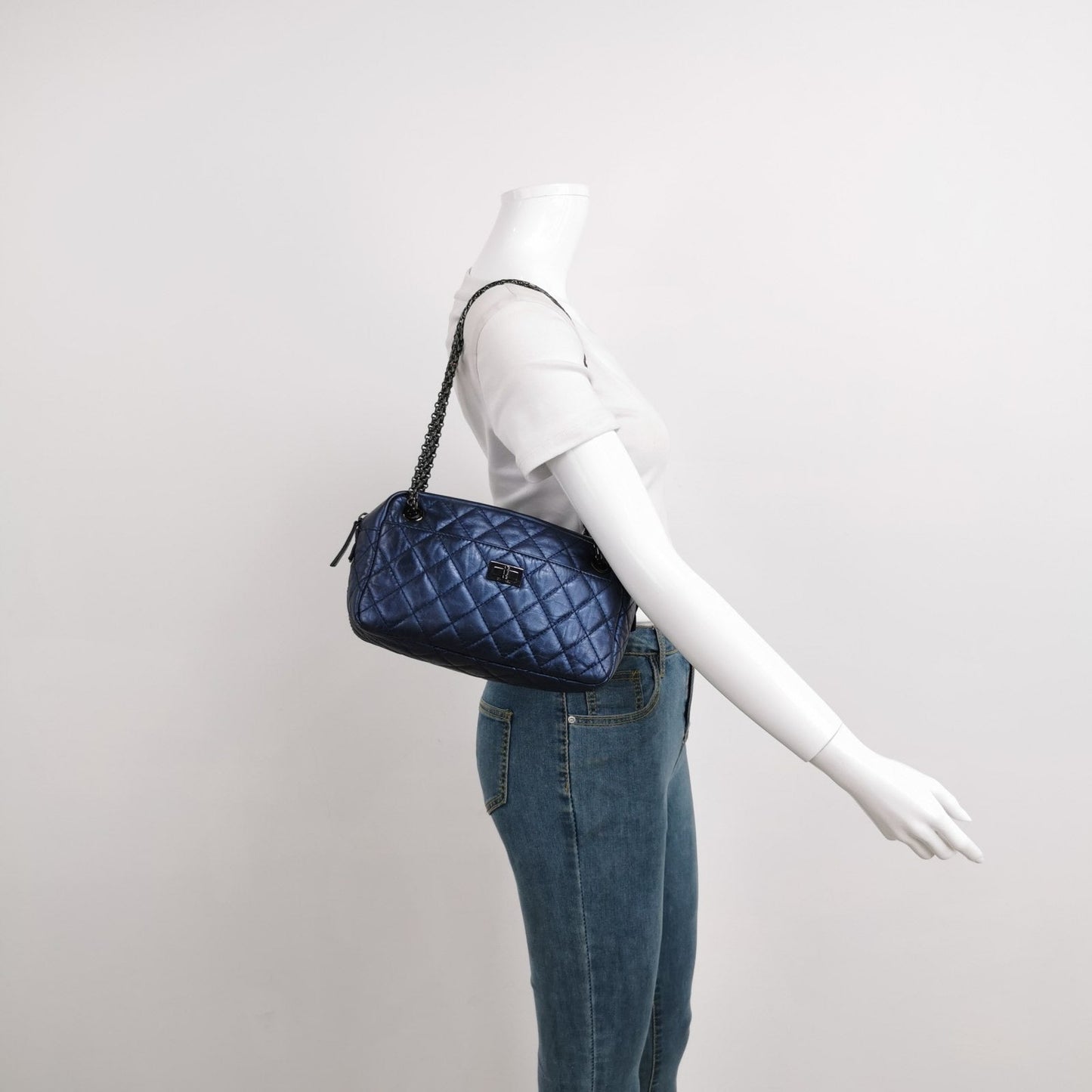 Chanel 2008 Metallic Aged Calfskin Quilted Small 2.55 Mademoiselle Camera Case Bag Blue