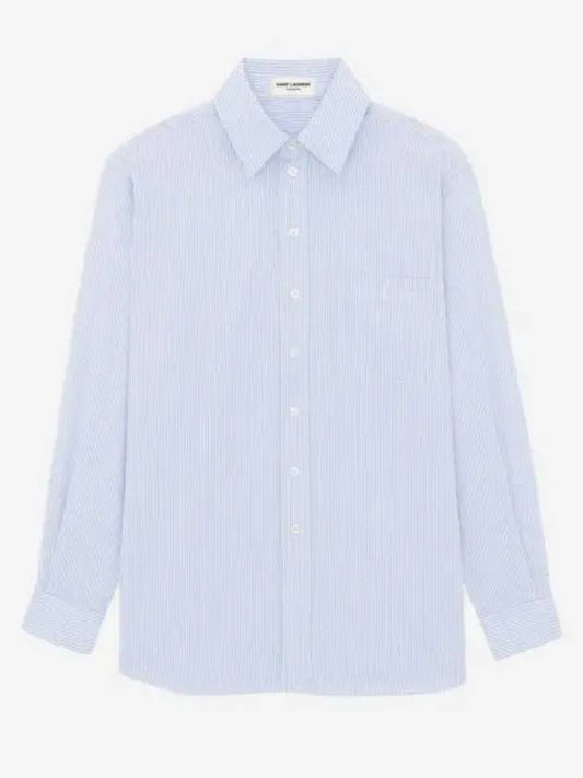 Luxury Saint Laurent Trending 2025 Striped Cotton Poplin Monogram Long Sleeve Shirt Blue
