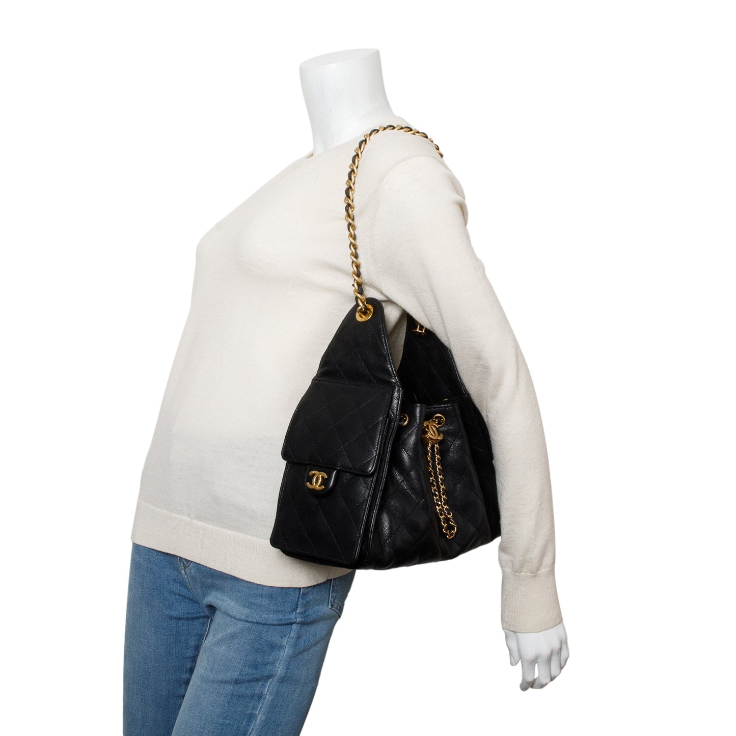 Chanel 2025 Black Caviar Leather 25 Small Bucket Bag