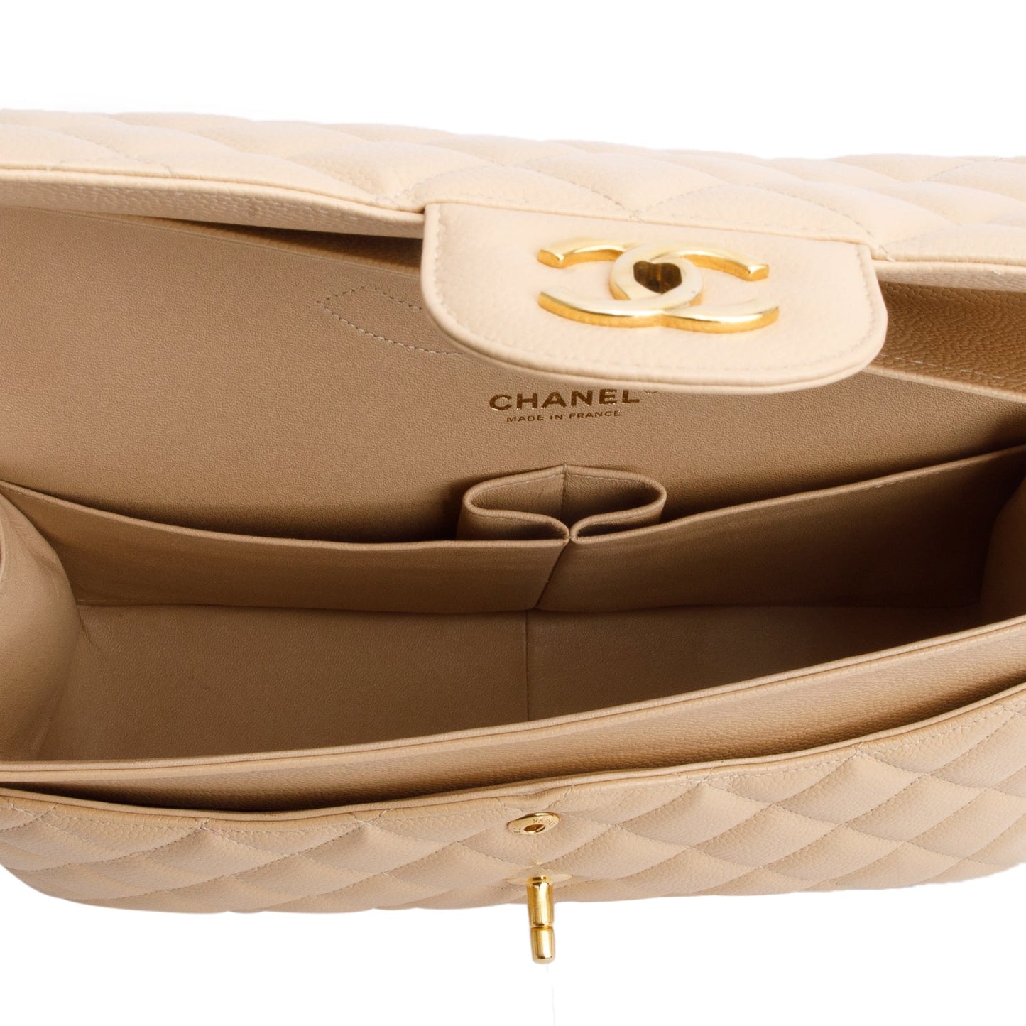 Chanel Beige Quilted Caviar Leather Classic Jumbo Double Flap Bag
