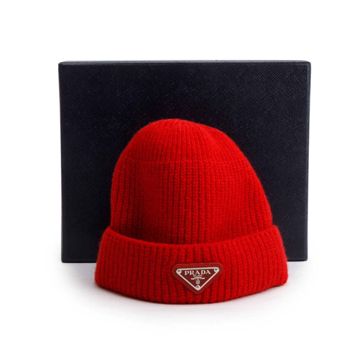 Prada Red Wool/Cashmere Metal Triangle Logo Beanie, Size M