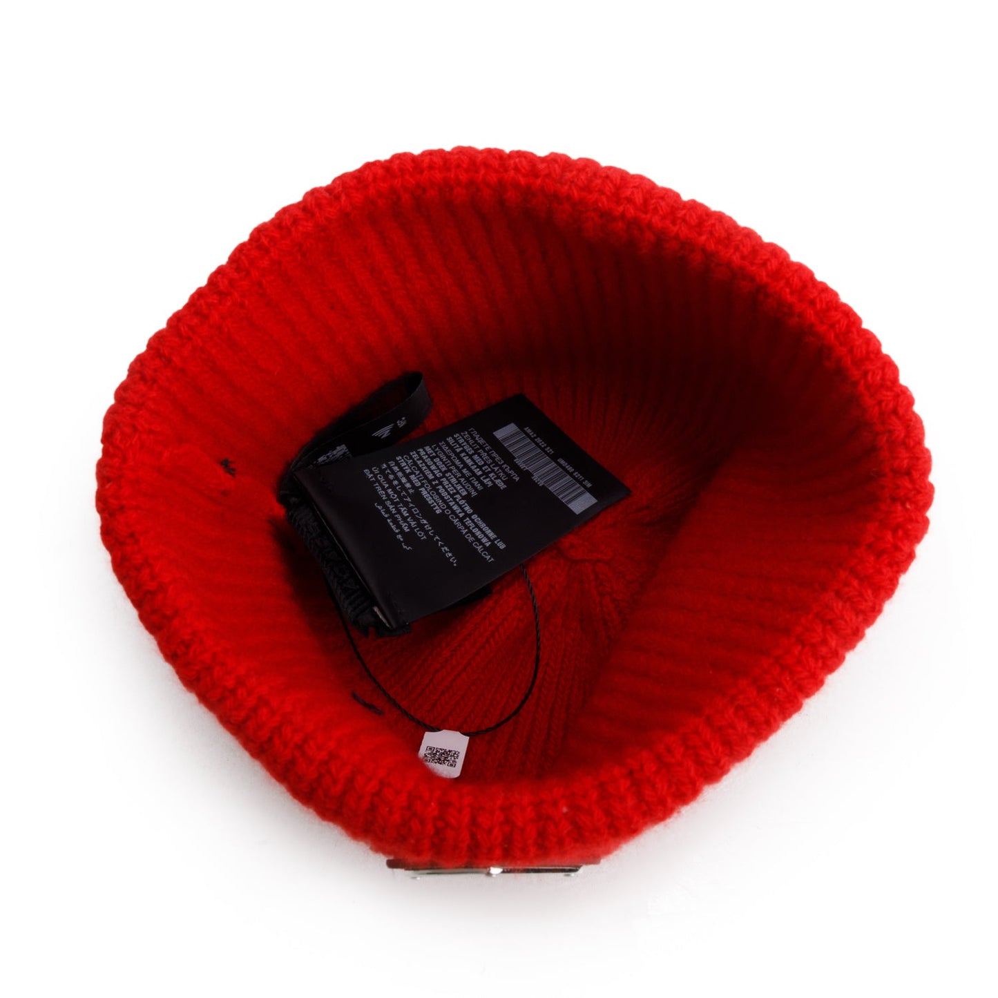 Prada Red Wool/Cashmere Metal Triangle Logo Beanie, Size M