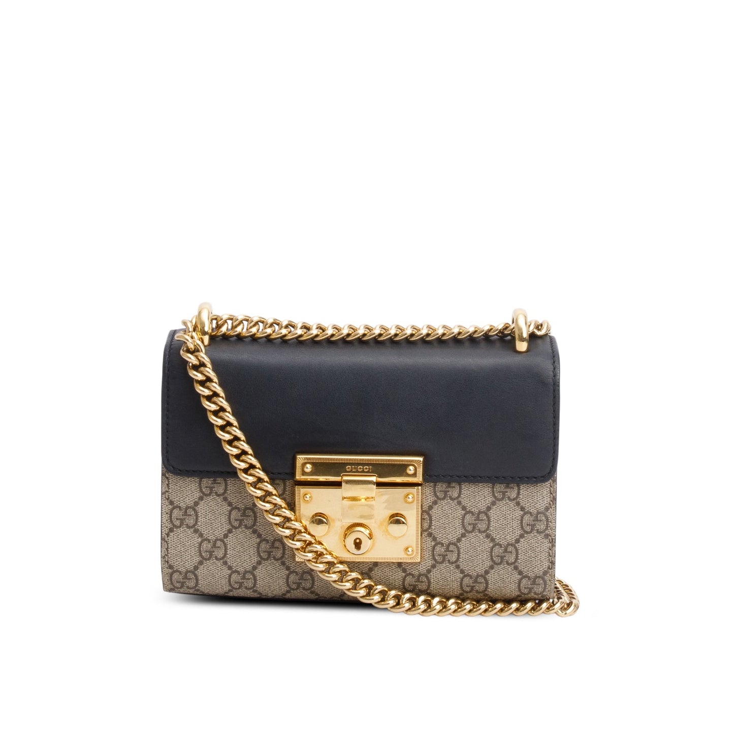 Gucci Black GG Supreme Monogram Calfskin Mini Padlock Chain Shoulder Bag